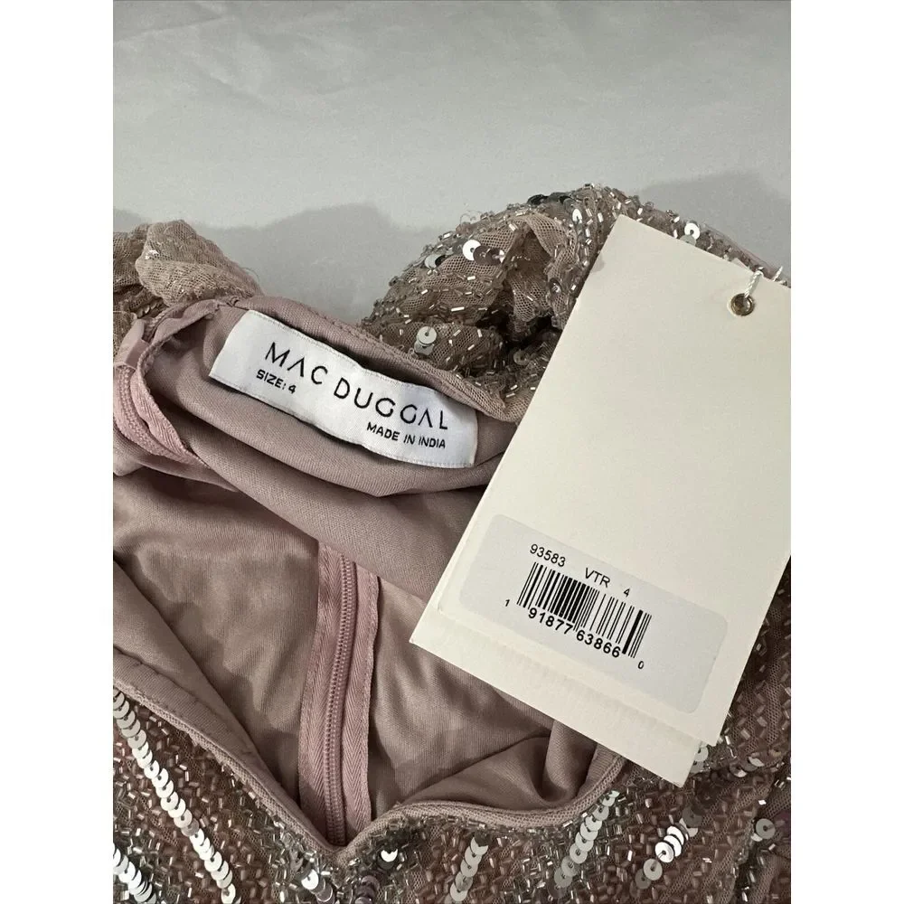 NWT $698 Mac Duggal [ 4 ] Sequined V-Neck Cape Sleeve‎ Column Gown Rose #G1859